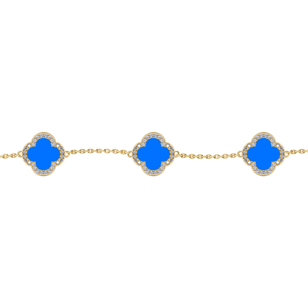 Jewelco London Gold-plated Silver Blue Clover Agate & CZ Halo Lucky Charm 5 Station Bracelet 7-8.5" - ABB251-GP