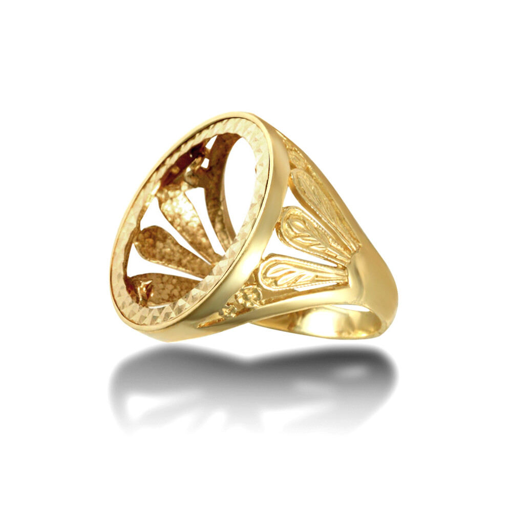 (T) Jewelco London Men's Solid 9ct Yellow Gold Welsh Feather Full Sovereign Mount Ring - JRN174-F