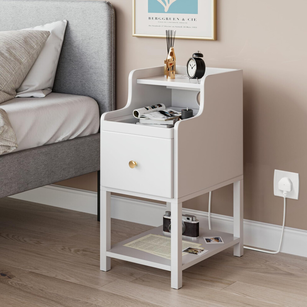White Wood Bedside Table with Drawer and Charging Station,Narrow Side Table with 2 Charging Outlets and 2 USB Ports,Removeable Tray