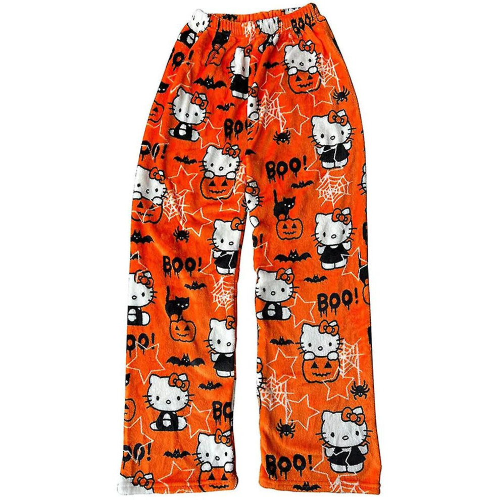 (Pumpkin, XL) Womens Hello Kitty Halloween Cartoon Flannel Pajamas Ladies Anime Kawaii Casual Cozy Soft Home Pants Winter Warm