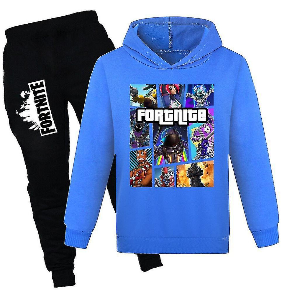 (Blue, 9-10 Years) 7-14 Years Kids Teens Boys Girls Fortnite Tracksuit Set Hoodies Hooded Sweatshirt Tops+pants Outfits Suit Gifts