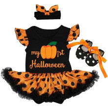 (S) Newborn Infant Baby Girl My 1st Halloween Outfit Flutter Sleeve Pumpkin Bowknot Tutu Princess Polka Dots Romper Dress+Headband+Shoes