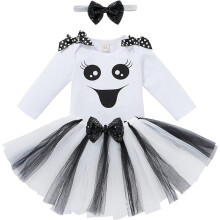 (70CM) Baby Girls Halloween Costume Pumpkin Ghost Long Sleeve Romper+Tulle Tutu Skrit+Sequin Headband 3pcs Outfit