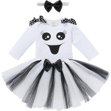 (90CM) Baby Girls Halloween Costume Pumpkin Ghost Long Sleeve Romper+Tulle Tutu Skrit+Sequin Headband 3pcs Outfit