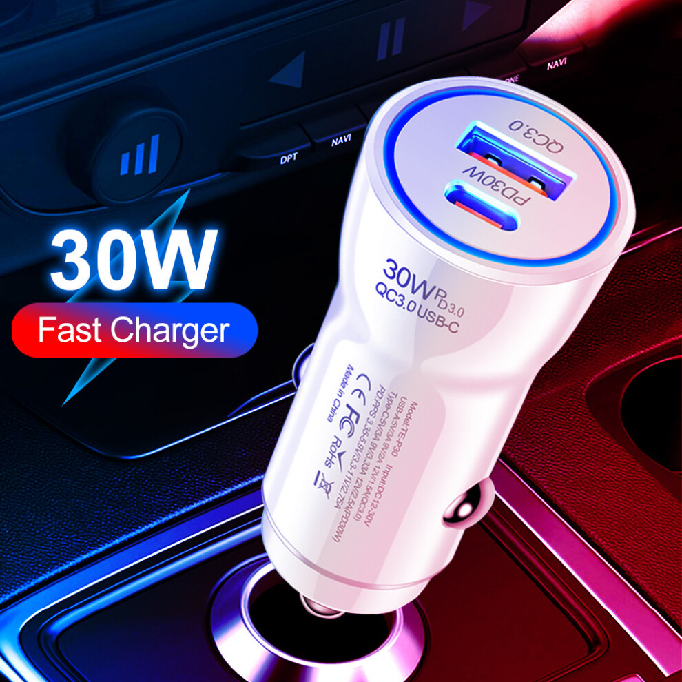 () Pd 30W Car Charger Qc 3.0 Car Usb Adapter For Iphone Vivo (Black) White/Black 9417278251804