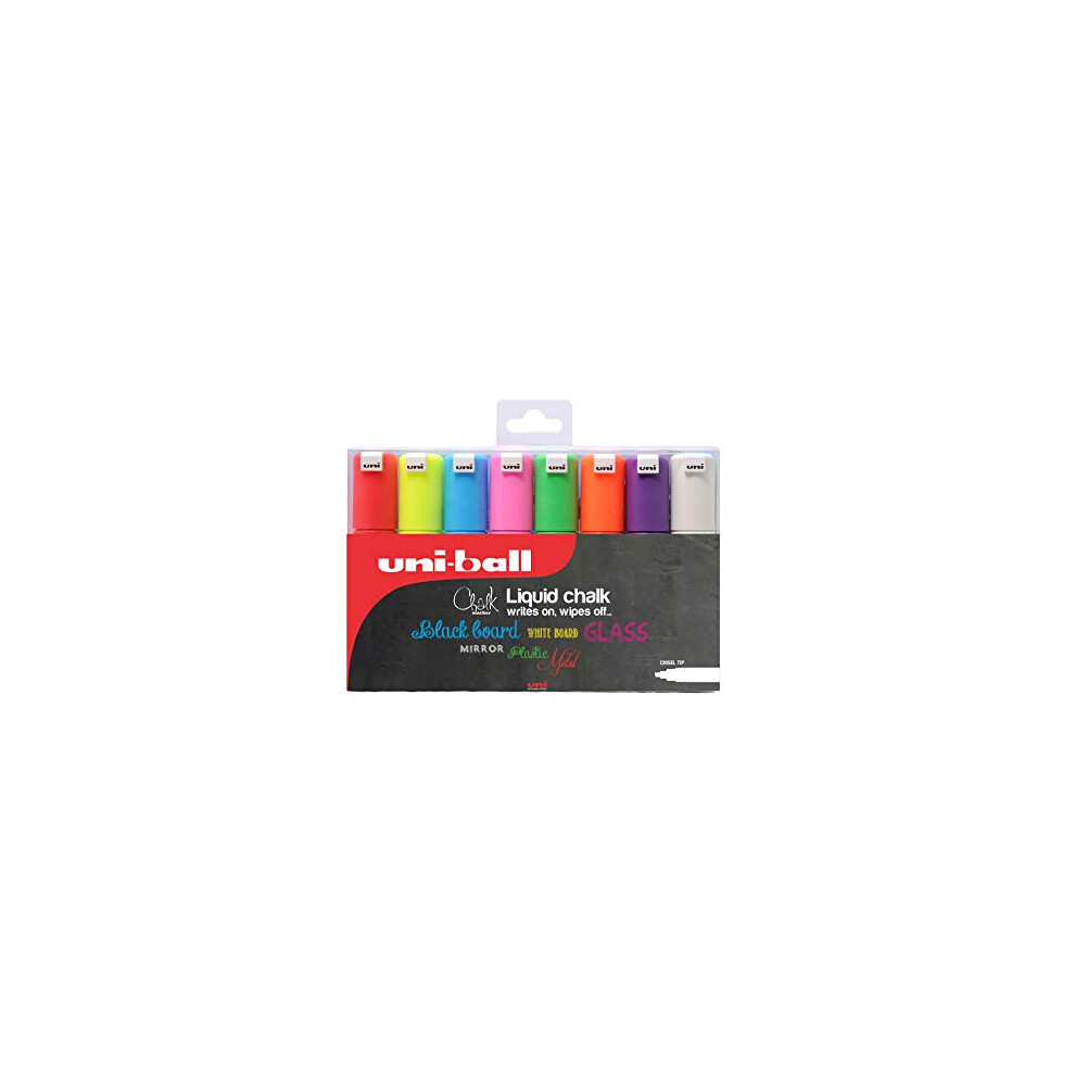 Uni-Ball Pwe-8K Liquid Chalk Pens. Multi-Purpose Wipeable Coloured Markers For Blackboards, Chalkboards, Whiteboards, Glass, Mirrors, Plastic, Multicoloured