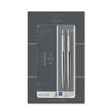 Parker Jotter Duo Gift Set with Ballpoint Pen & Mechanical Pencil (0.5mm), Stainless Steel with Chrome Trim, Blue Ink Refill
