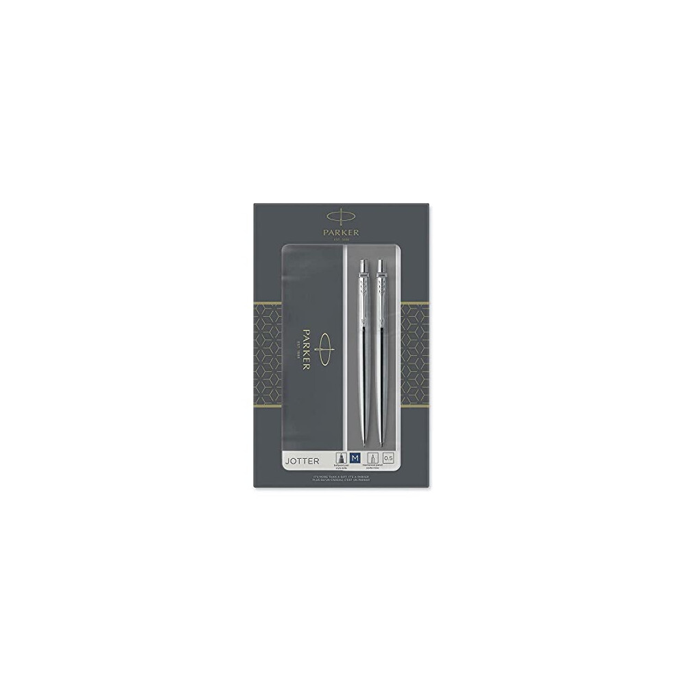 Parker Jotter Duo Gift Set With Ballpoint Pen & Mechanical Pencil (0.5Mm), Stainless Steel With Chrome Trim, Ink Refill Blue