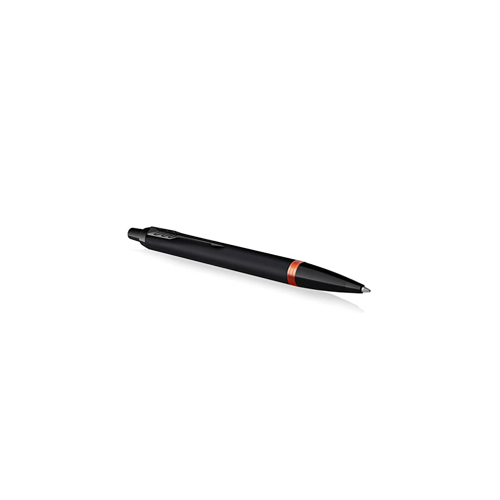 Parker IM Vibrant Rings Ballpoint Pen | Satin Black Lacquer with Flame Orange Accents | Medium Point with Blue Ink Refill | Gift Box