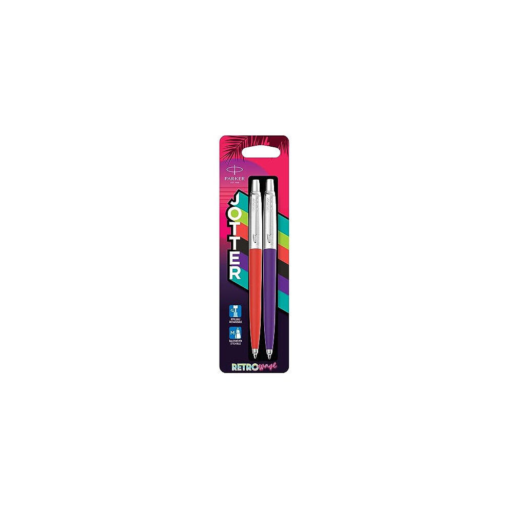 PARKER Jotter Originals Ballpoint Pens | Retrowave Collection | Vermilion Red & Indigo Purple | Blue Ink | Medium Point | 2 Count