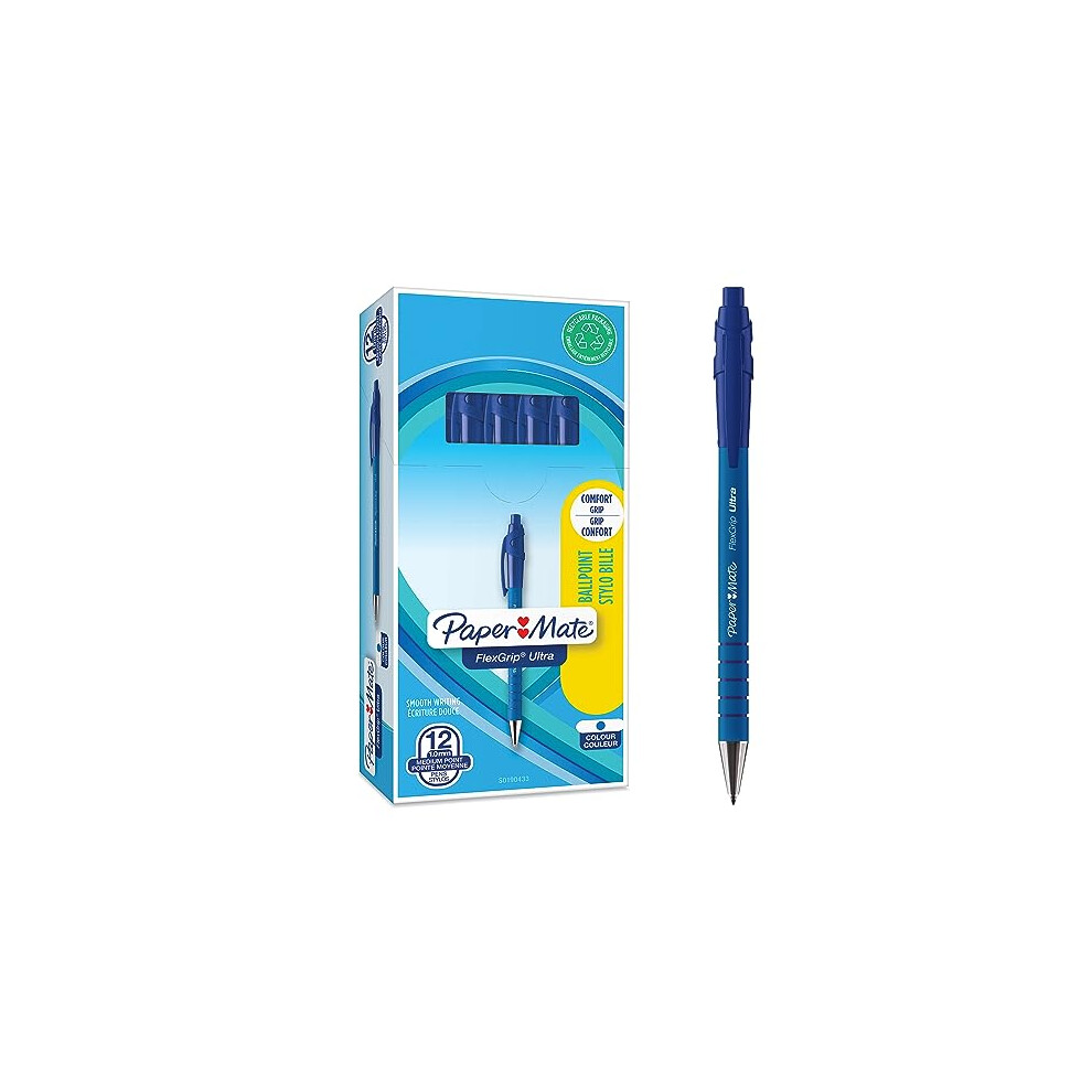 Paper Mate Flexgrip Ultra Retractable Ballpoint Pens | Medium Point (1.0mm) | Blue | 12 Count