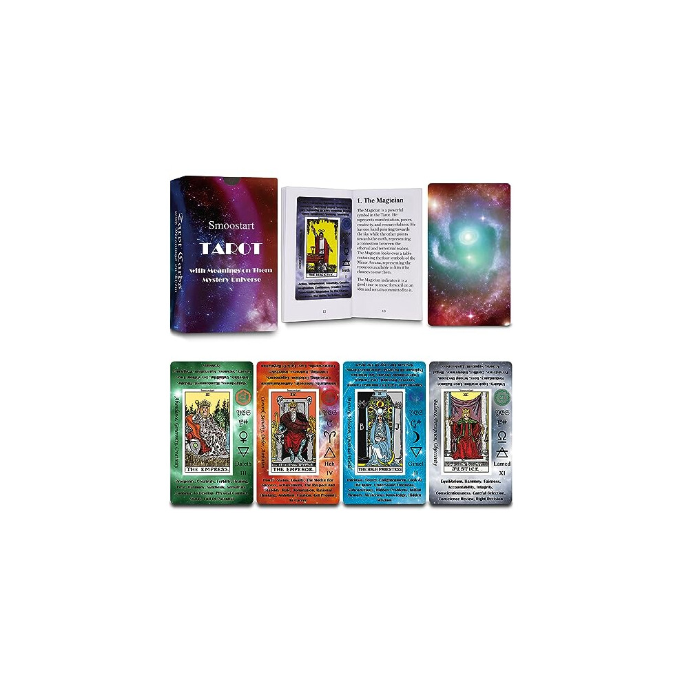 Smoostart Holographic Tarot Cards with Meanings on Them, Tarot Cards Deck with Guidebook for Beginners, Keywords, Element, Planet, Zodiac, Chakra, Yes