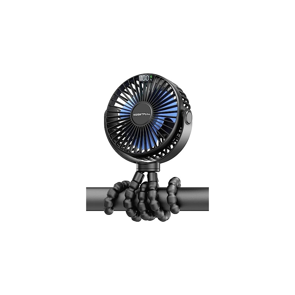 Portable Pram Fan, Led Display 6000Mah Battery Operated Mini Stroller Fan, 4 Speed Rechargeable Small Personal Fan Handheld Desk Cooling Sweetfull