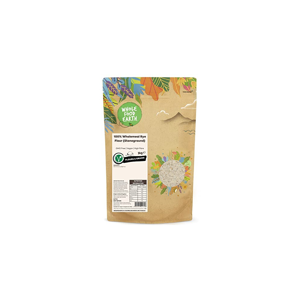 Wholefood Earth - 100% Wholemeal Rye Flour (Stoneground) 3 Kg | Gmo Free | Vegan | High Fibre