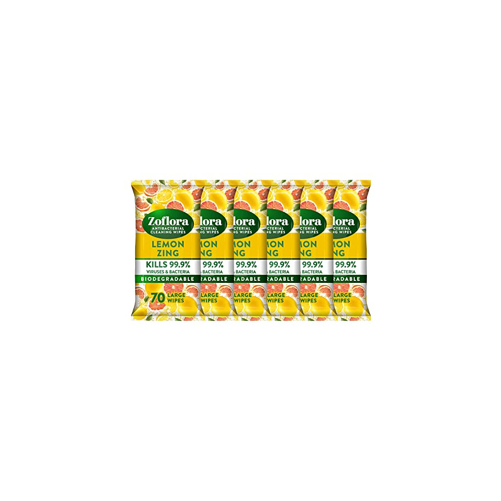 Zoflora Lemon Zing 6 x 70 Large Wipes, Antibacterial Multi-surface Cleaning Wipes - Multipack Convenient, Quick Cleaning