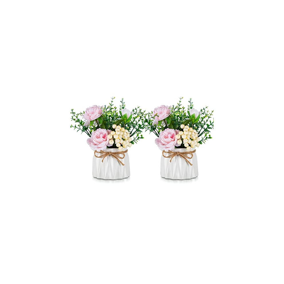 Artificial Flowers and Vase Decoration: Blosmon Fake Flower in Vases?2PCS Pink?Plastic Rose Arrangements Table Floral Centrepieces Ornaments Plant