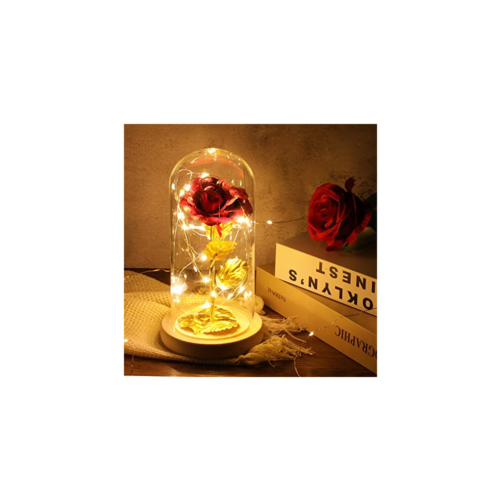 24K Eternal Rose Gift for Women/Wife/Grandma/Girlfriend Galaxy Valentine's Gift for Her Rose Flower Artificial Roses in Glass Dome with LED Light