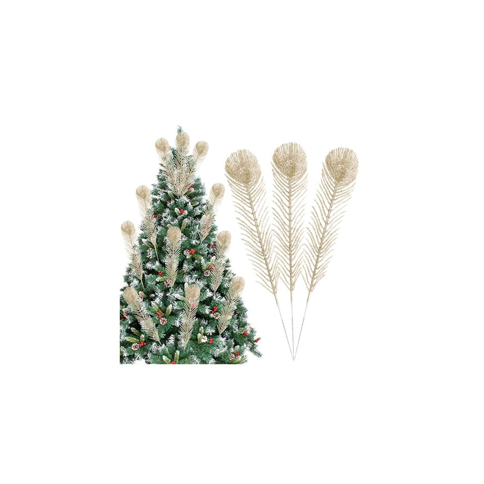 KKSTY 12 Pieces Artificial Peacock Feather Glitter Leaves Christmas Picks Sprays for Xmas Tree Decoration Vase Filler Flower Arrangment Christmas