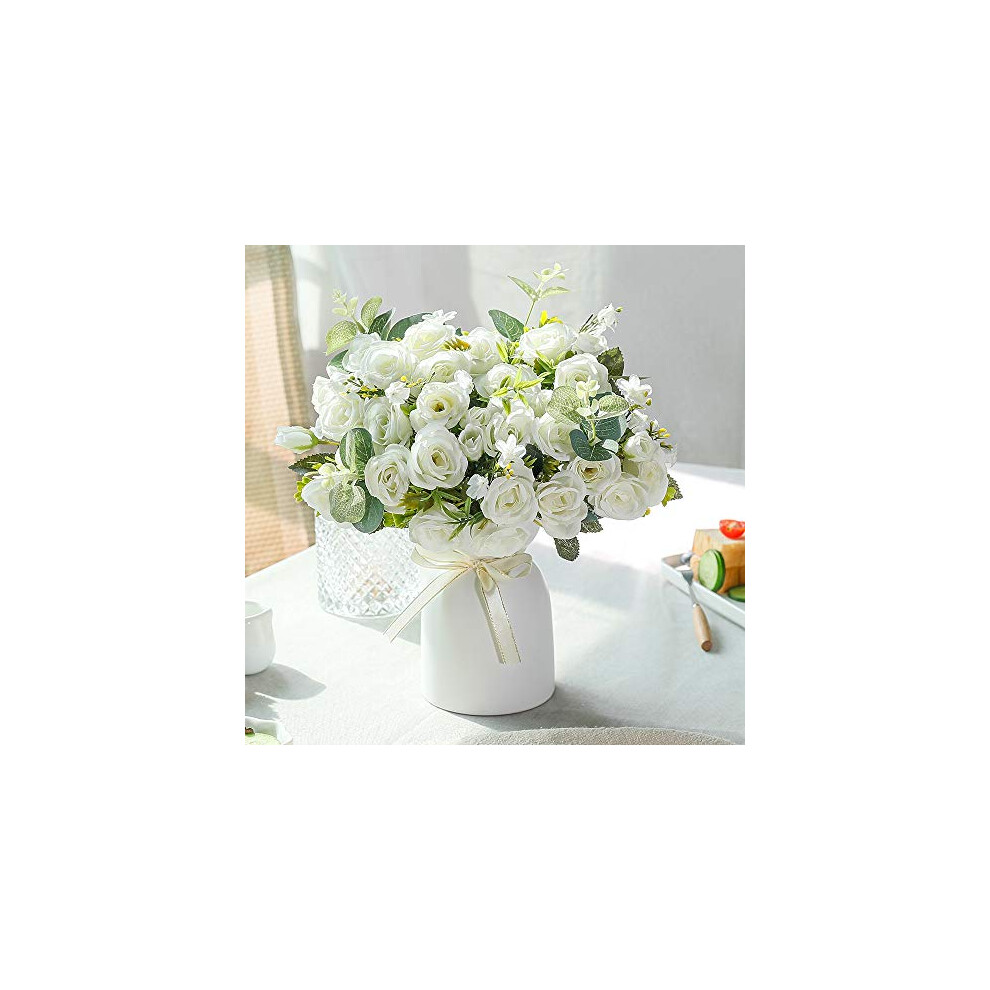LESING Artificial Silk Rose with Vase Fake Flowers Wedding Flowers Bouquets Arrangement Home Office Party Centerpiece Table Decoration (White)