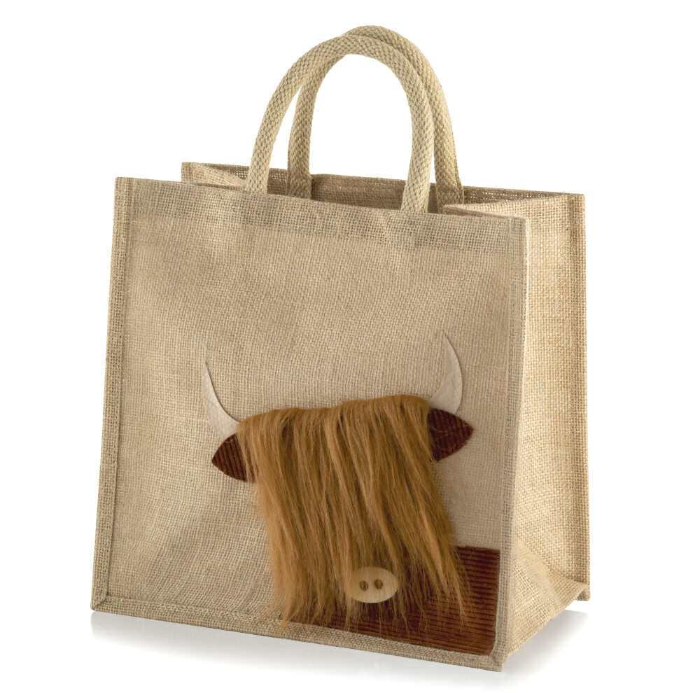 Jute Hessian Peekaboo Highland Cow Natural Medium Tote Shopping Bag