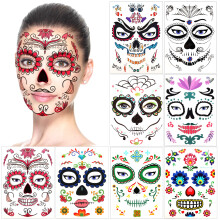 8Pcs Halloween Face Temporary Tattoos, Day of the Dead Sugar Skull Floral Black Skeleton Web Red Roses Transfers Face Tattoo for Women Men