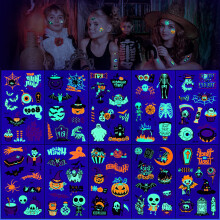 10 Sheets Halloween Neon Temporary Tattoos for Kids, Glow Glitter in The Dark Halloween Tattoo Stickers Body Face Skin Fake Waterproof Tattoo