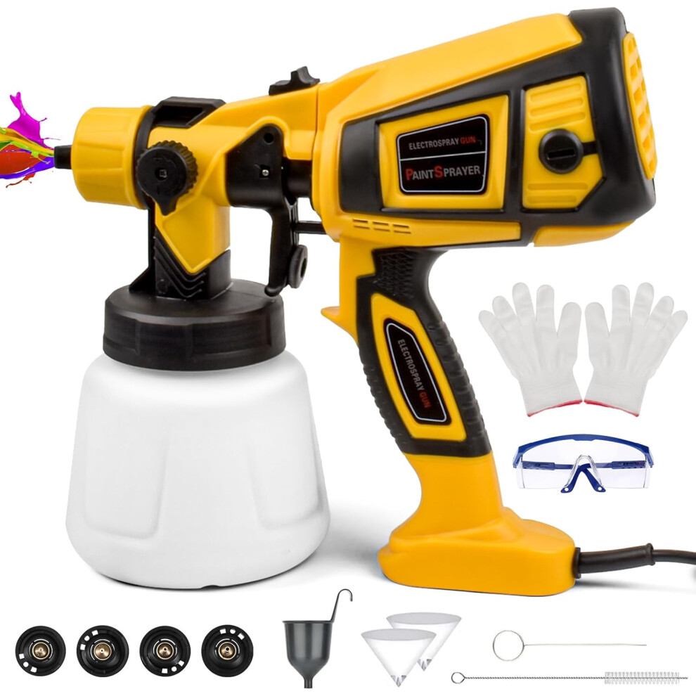 (Yellow) Electric Paint Spray Gun with 4 Nozzles and 3 Spray Patterns, Electric Paint Sprayer 1400ML Removable Container for Fence, Wall, Ceiling