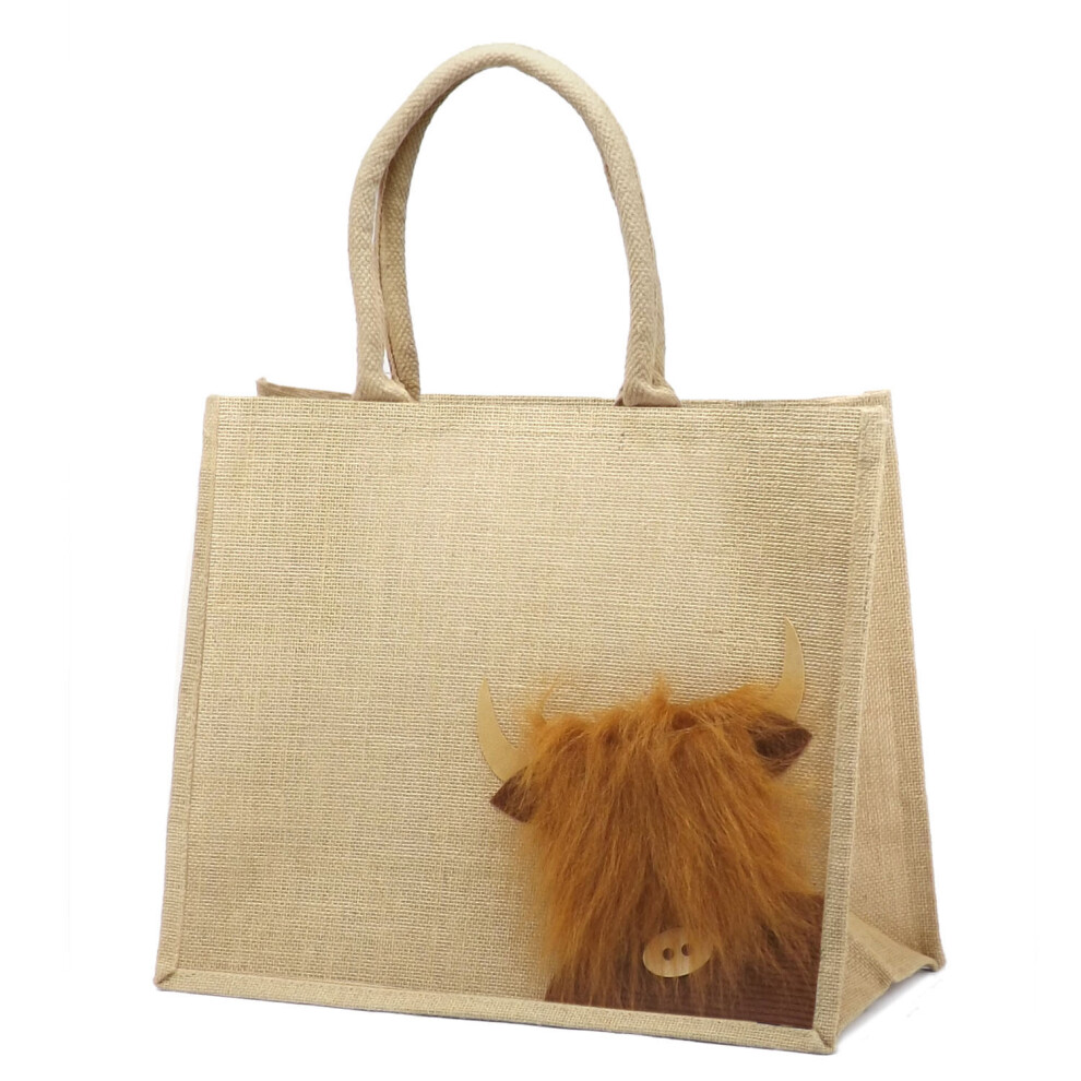 Jute Hessian Peekaboo Highland Cow Natural Large Tote Shopping Bag