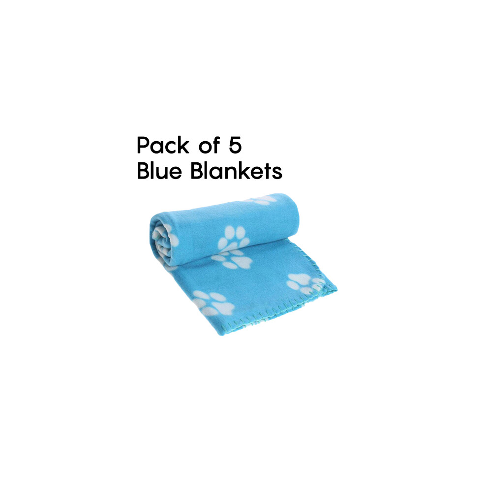 (5x Blue Blankets) Pet Touch Soft & Cosy Pet Dog Cat Puppy Paw Fleece Blankets Slightly Discoloured