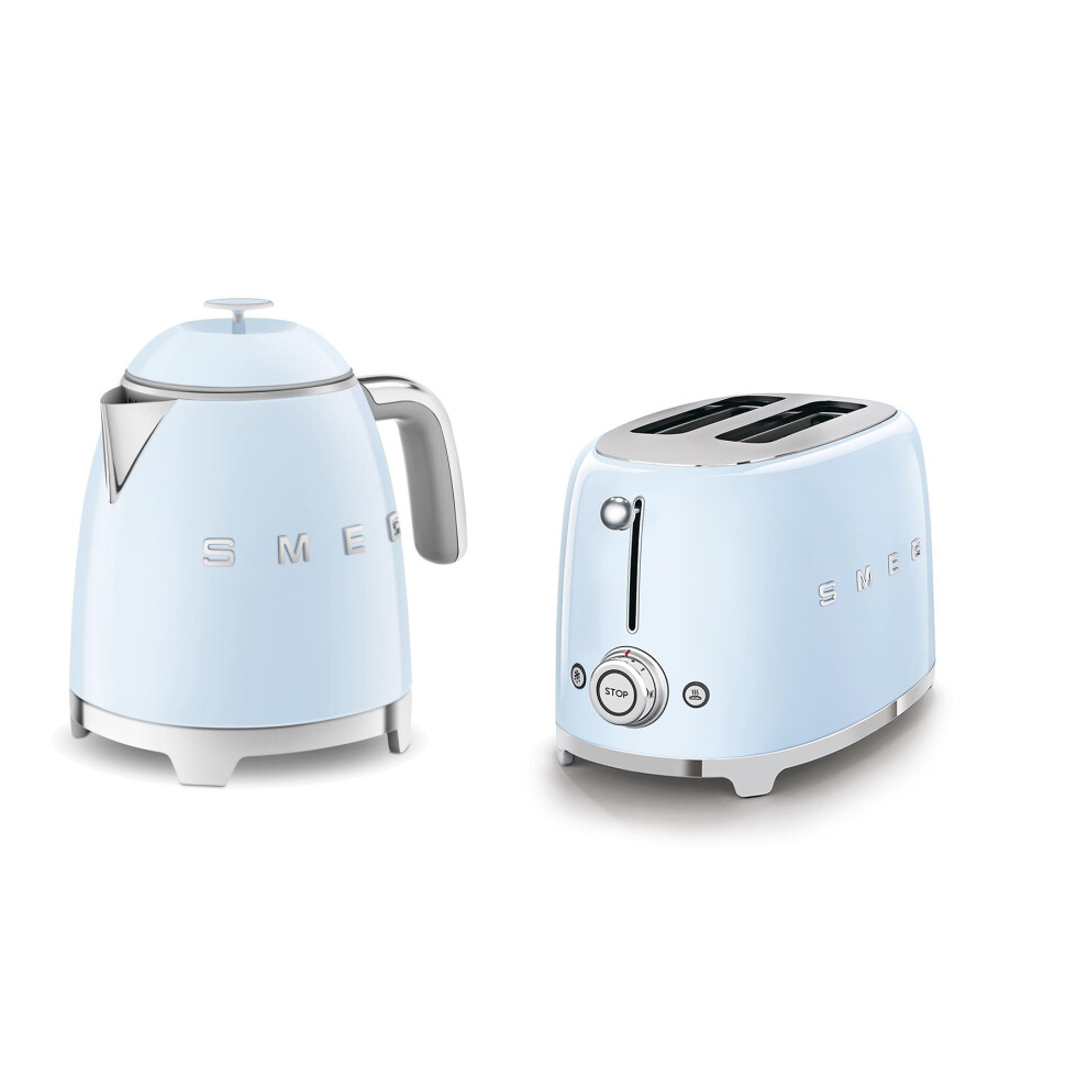 Smeg 50's Style Retro Range Breakfast Set, 0.8L 1400W Mini Kettle and Multi-Functional Control 2-Slice 950W Toaster, Pastel Blue
