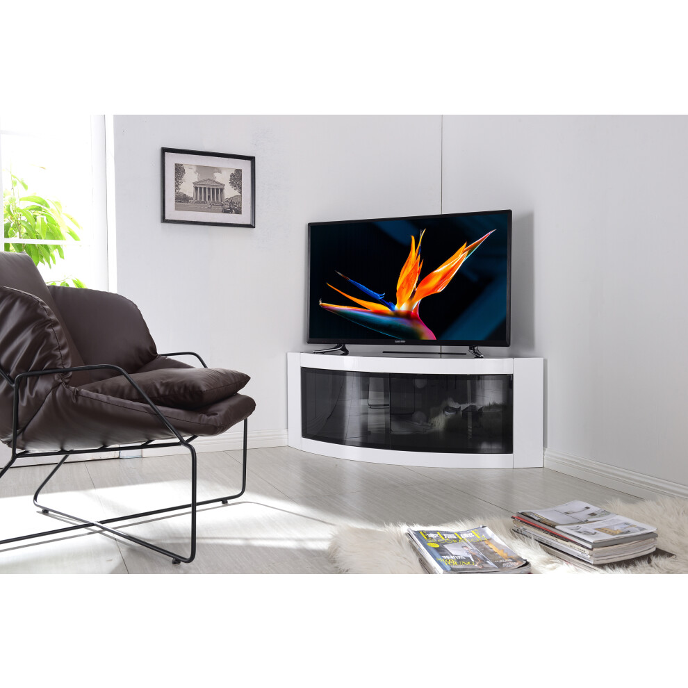 Centurion Supports PANGEA Gloss White Beam-Thru Curved Tru-Corner 32"-50" TV Cabinet