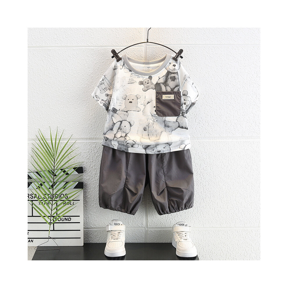 (Gray, 110cm) Trendy Korean Kids Summer Two Piece Set Stylish Short Sleeve Tshirt And Shorts-image-OPC-PFG9J9Q-NEW