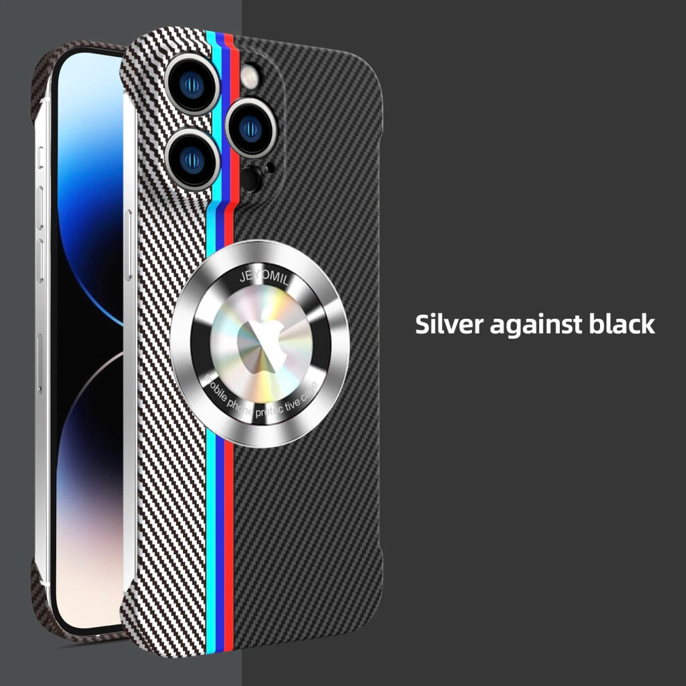 (Silver Against Black, For iPhone 15 Pro) Carbon Fibre Frameless Phone Case For iPhone 15 14 13 12 Pro Max Magsafe