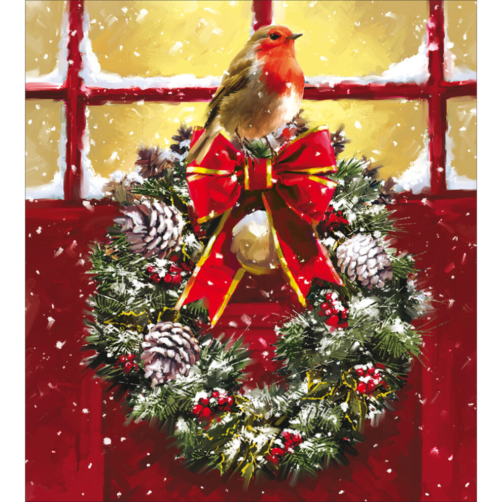 Pack Of 5 Festive Visitor Robin On A Wreath Charity Christmas Cards