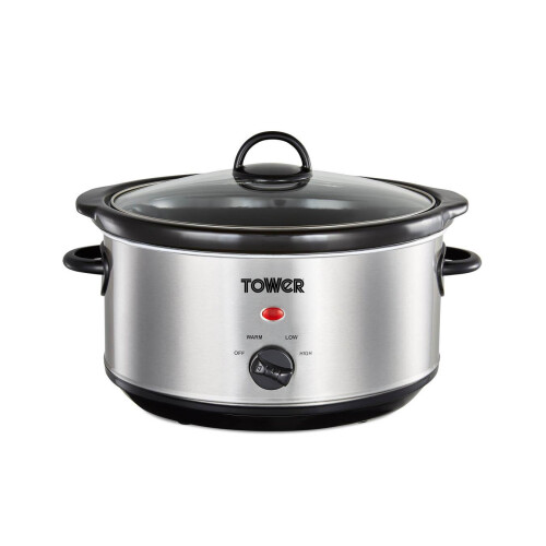 Tower T16039Y Slow Cooker with 3 Heat Settings and Removable Dishwasher Safe Pot, 3.5 Litre, Stainless Steel