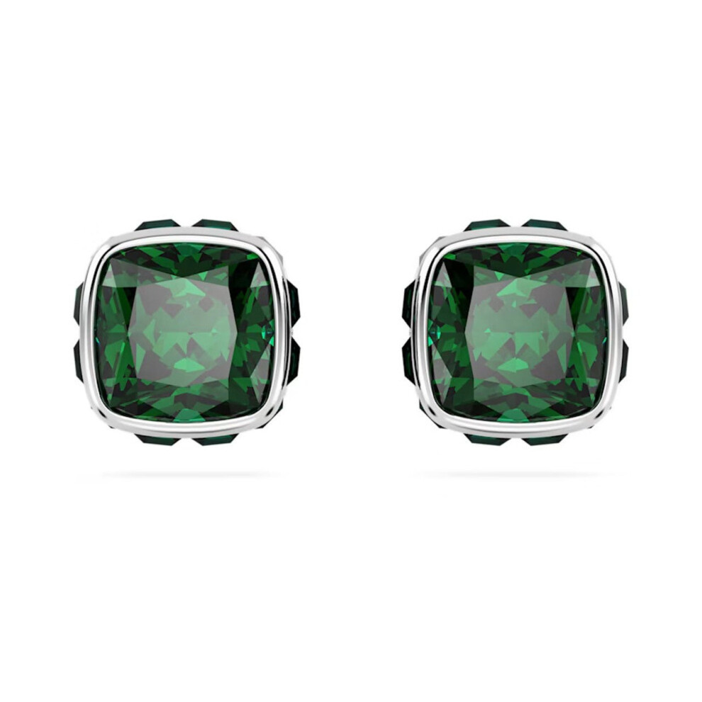 Birthstone Rhodium Plated Green Square Cut May Stud Earrings 5660801