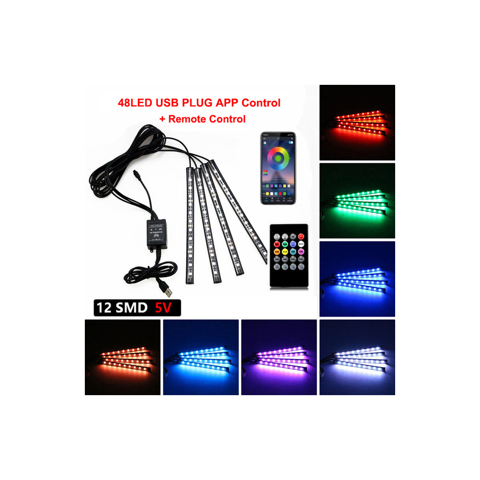 (48Led Remote App Usb) Neon Led Car Interior Ambient Foot Strip Kit Accessories Back Remote Light 9374252606602