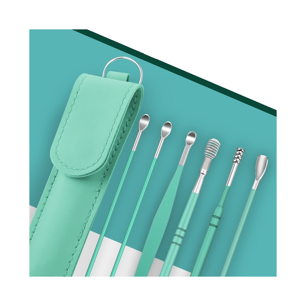Bghone (Green 6Pcs) 6Pcs/Set Ear Cleaner Ear Wax Pickers Stainless Steel Earpick Wax Remover Piercing Kit Earwax Curette