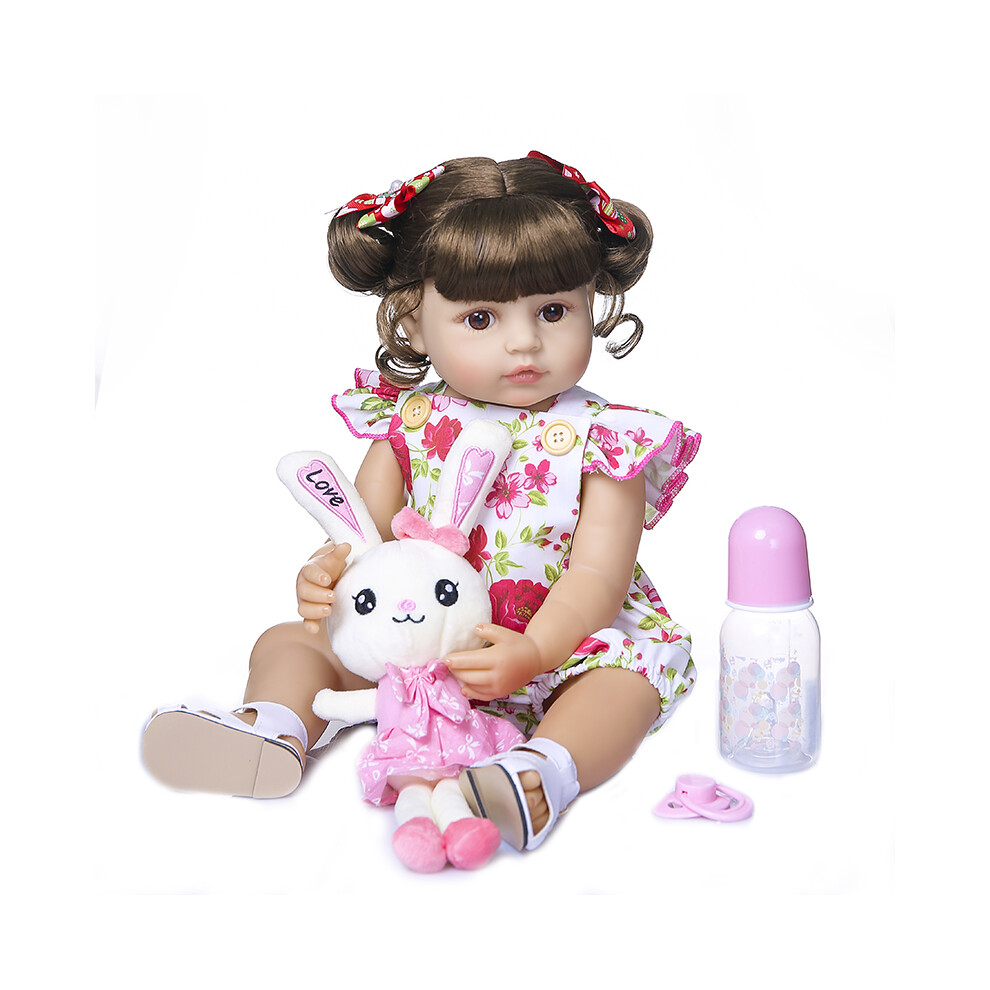 (Flower Jumpsuit) 50CM Full Body Soft Silicone Popular Sweet Face Reborn Toddler Baby Girl Doll