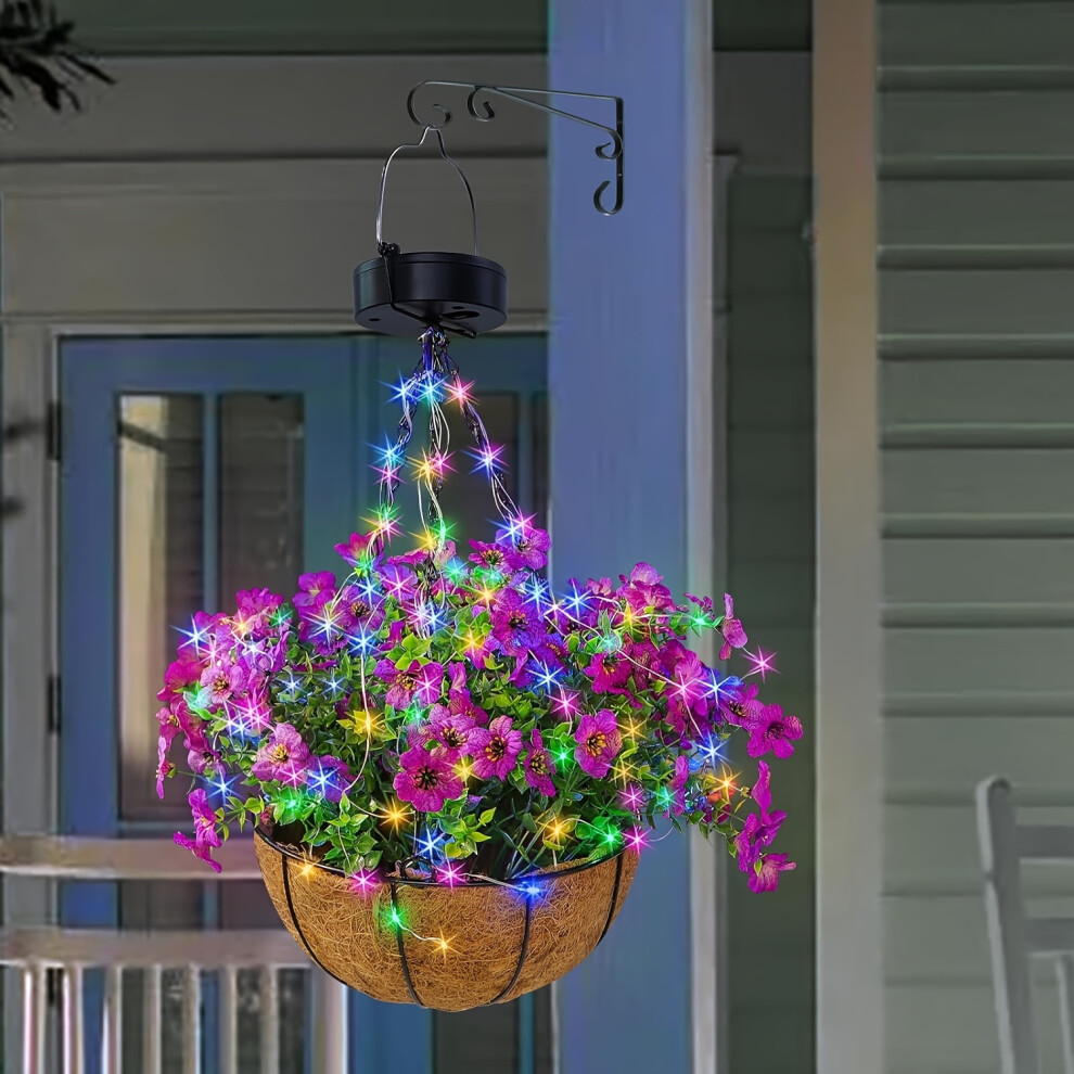 (Purple) Solar Hanging Flower Basket Artificial Flowers With Solar RGB String Lights 25.4 cm Coconut Lining Hanging Baskets