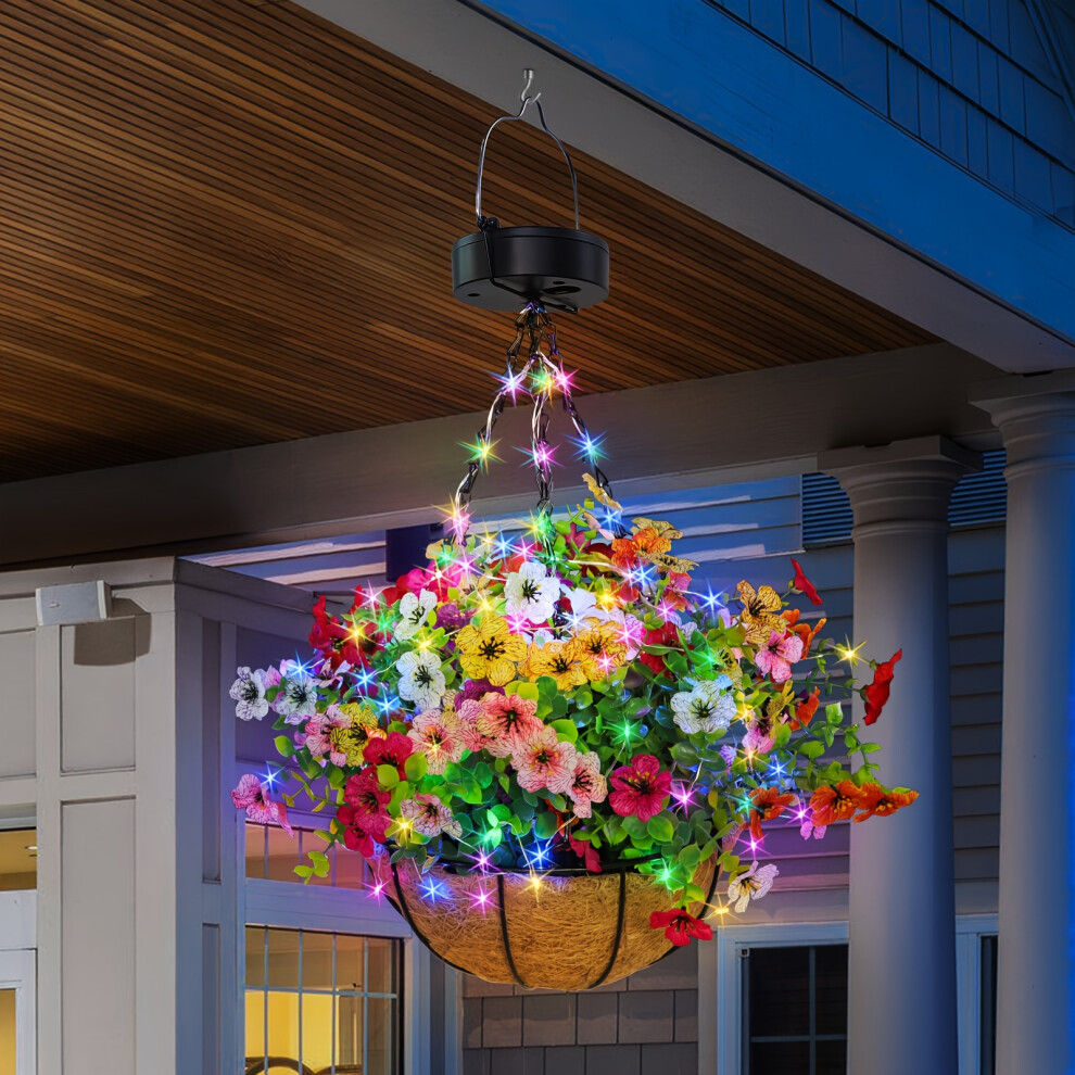 (Multiclor) Solar Hanging Flower Basket Artificial Flowers With Solar RGB String Lights 25.4 cm Coconut Lining Hanging Baskets