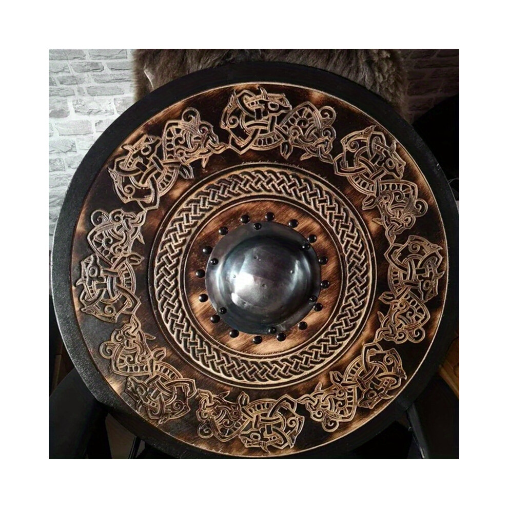 Bghone (I) Wooden Viking Shield Medieval Battle Warrior Shield Round Armar Wolf Warrior Cyan