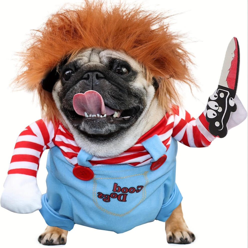 (Mixed Color, L) Halloween Deadly Doll Design Pet Dog Costume Halloween Clothes Wig And Knife Novelty Funny Scary Props Outfit