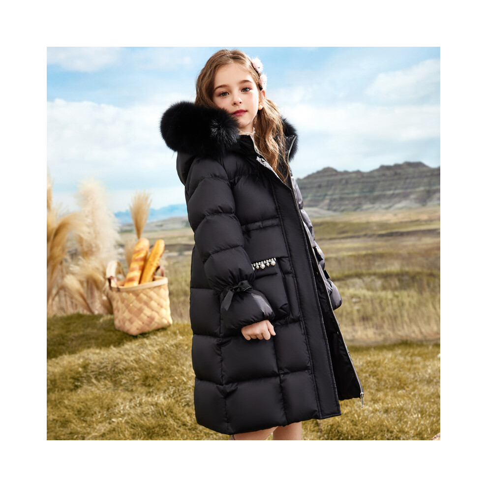 (Black, 6-7Years) Kids Girls Coat Fur Hooded Parka Jacket Warm Long