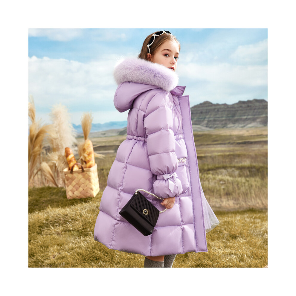 (Purple, 12-15Years) Kids Girls Coat Fur Hooded Parka Jacket Warm Long