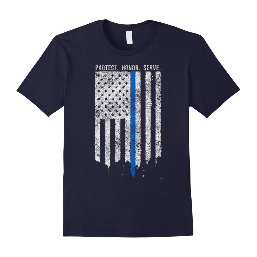 (S) Thin Blue Line Protect, Honor, Serve, Vertical Flag T-Shirt-Father's Day