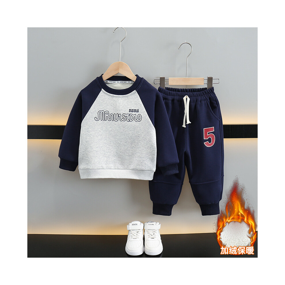 (Navy Blue, 110cm) Cozy Fleece Lined Boys Two Piece Sports Set Fashionable Casual Outfit For Children In Autumn And Winter Seasons-image-OPC-PFGDVC2-NEW