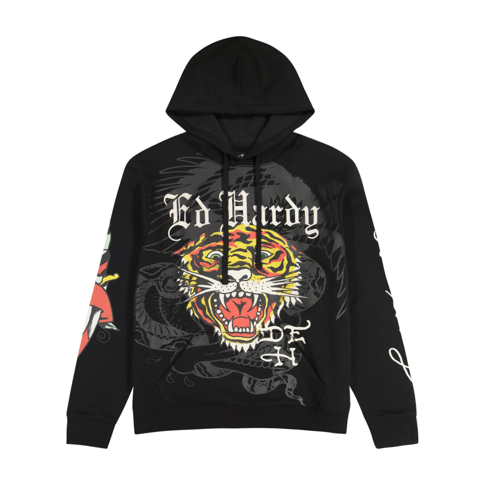 (XL) Ed Hardy Mens Tiger Dragon Hoodie Jumper Dagger Pullover in Black