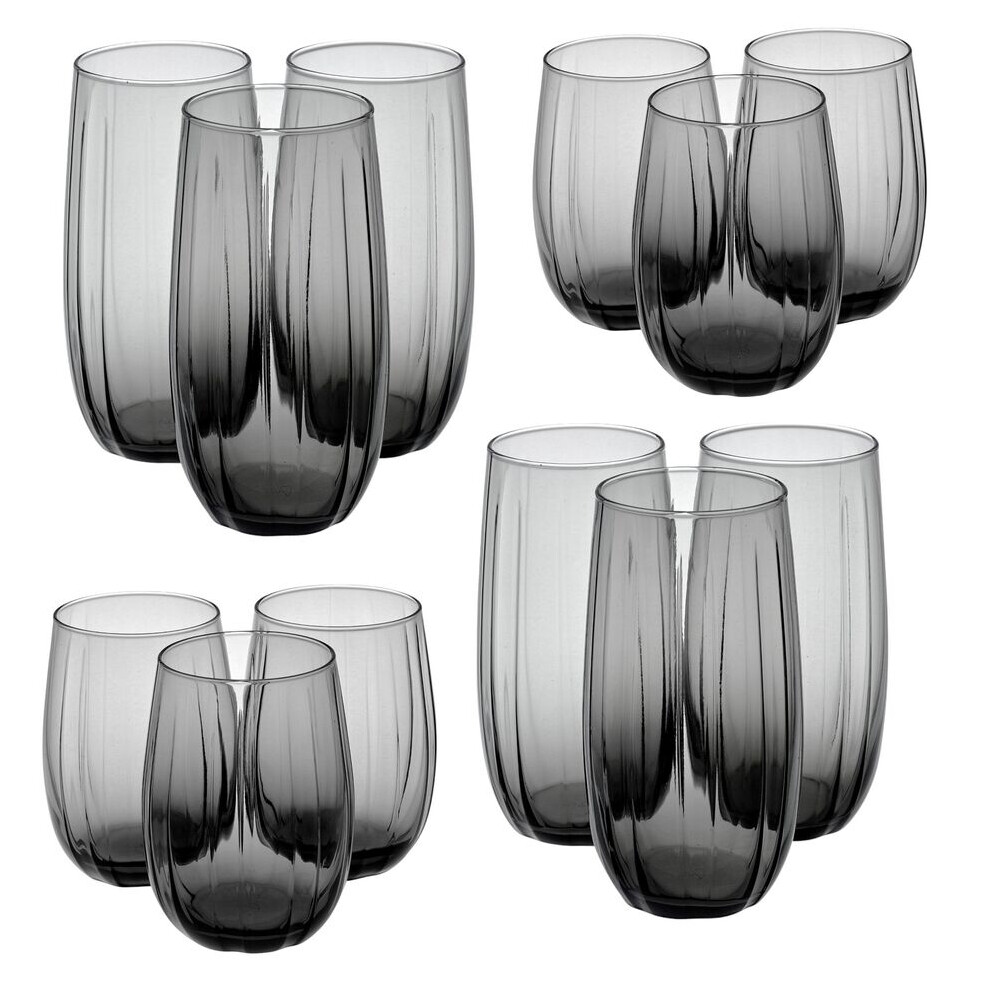 (12 Pcs 380ml + 500ml Dark Grey) Linka Coloured Glasses Tall & Short Cocktail Tumblers