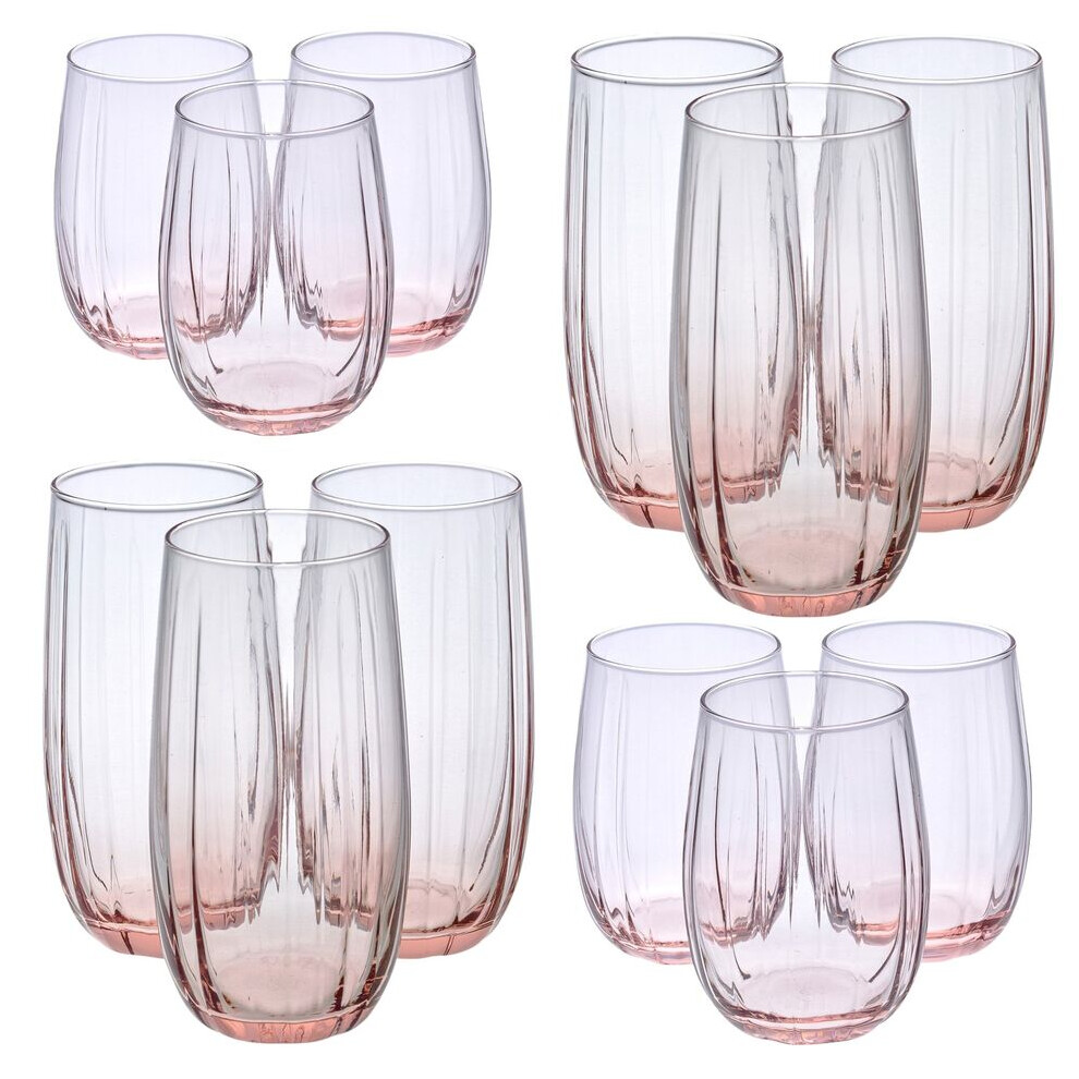 (12 Pcs 380ml + 500ml Pink) Linka Coloured Glasses Tall & Short Cocktail Tumblers